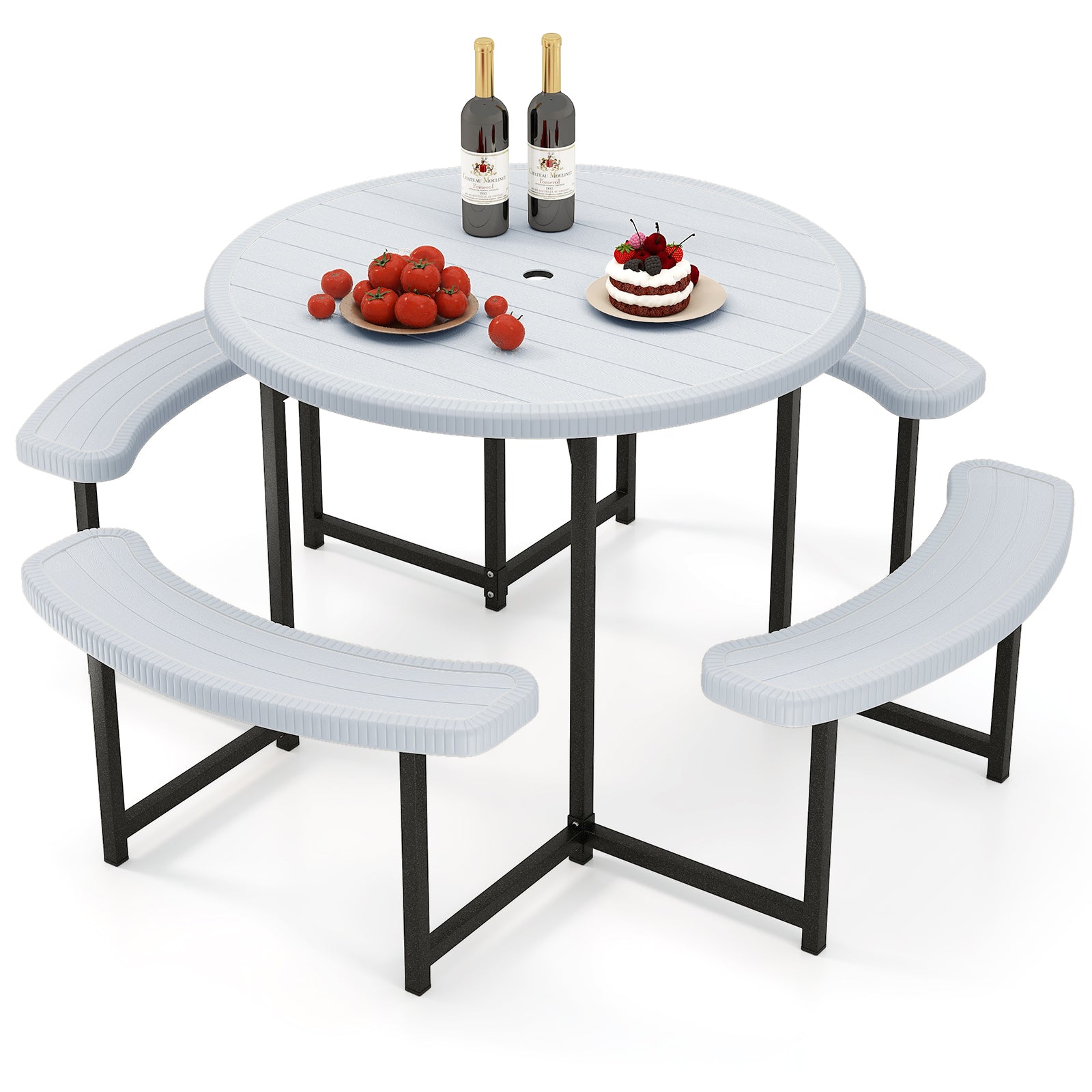 Round Picnic Table Bench Set with 4 Benches and Umbrella Hole for Patio Lawn-White