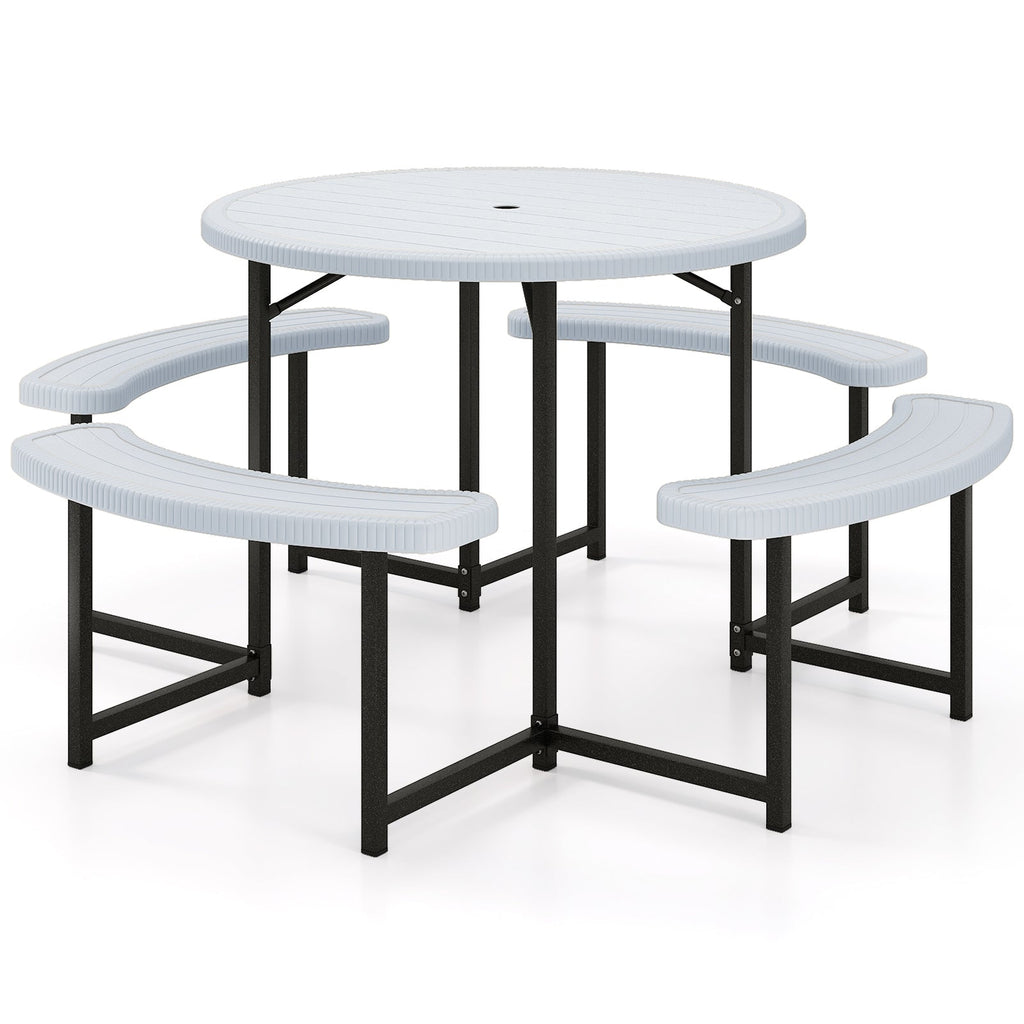 Round Picnic Table Bench Set with 4 Benches and Umbrella Hole for Patio Lawn-White