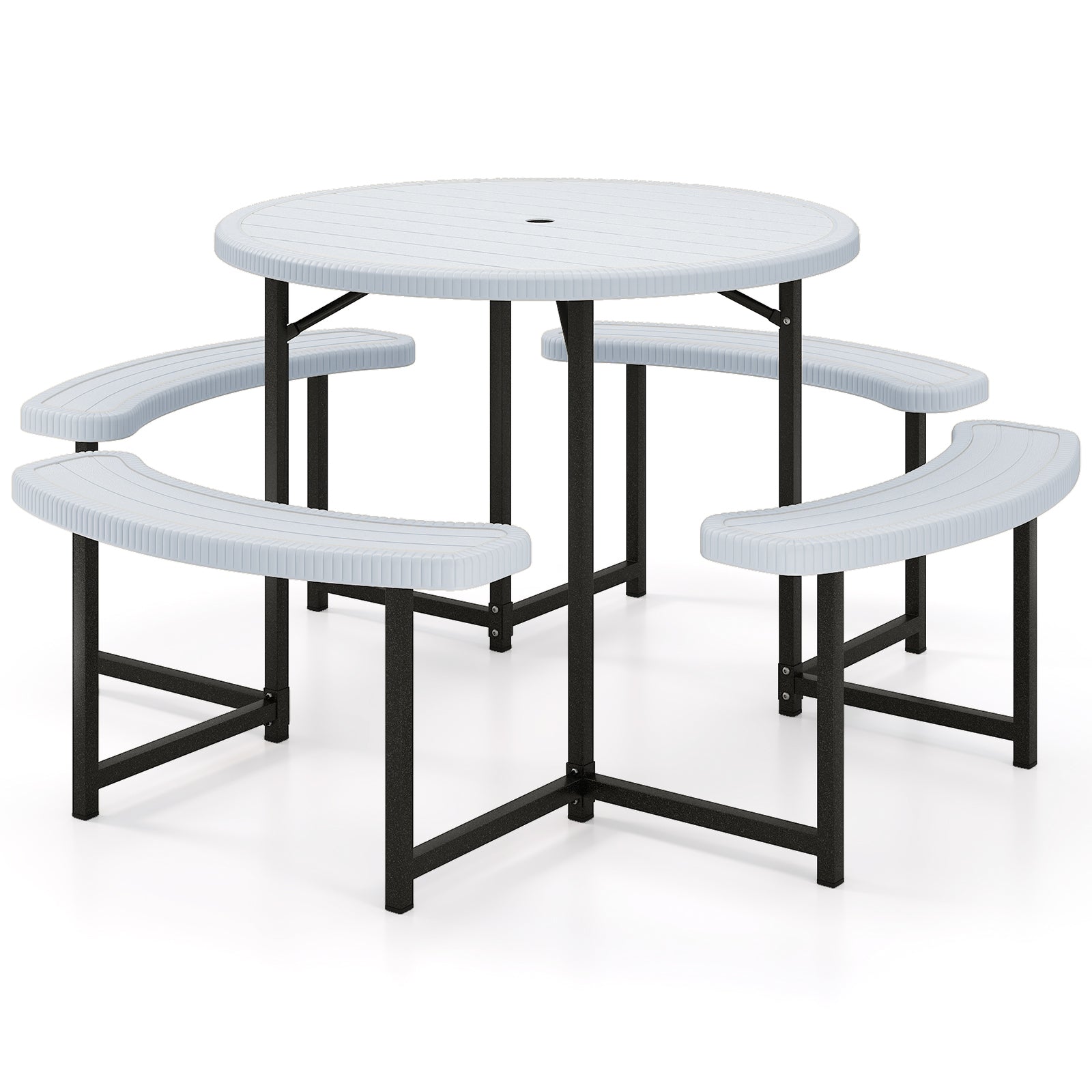 Round Picnic Table Bench Set with 4 Benches and Umbrella Hole for Patio Lawn-White