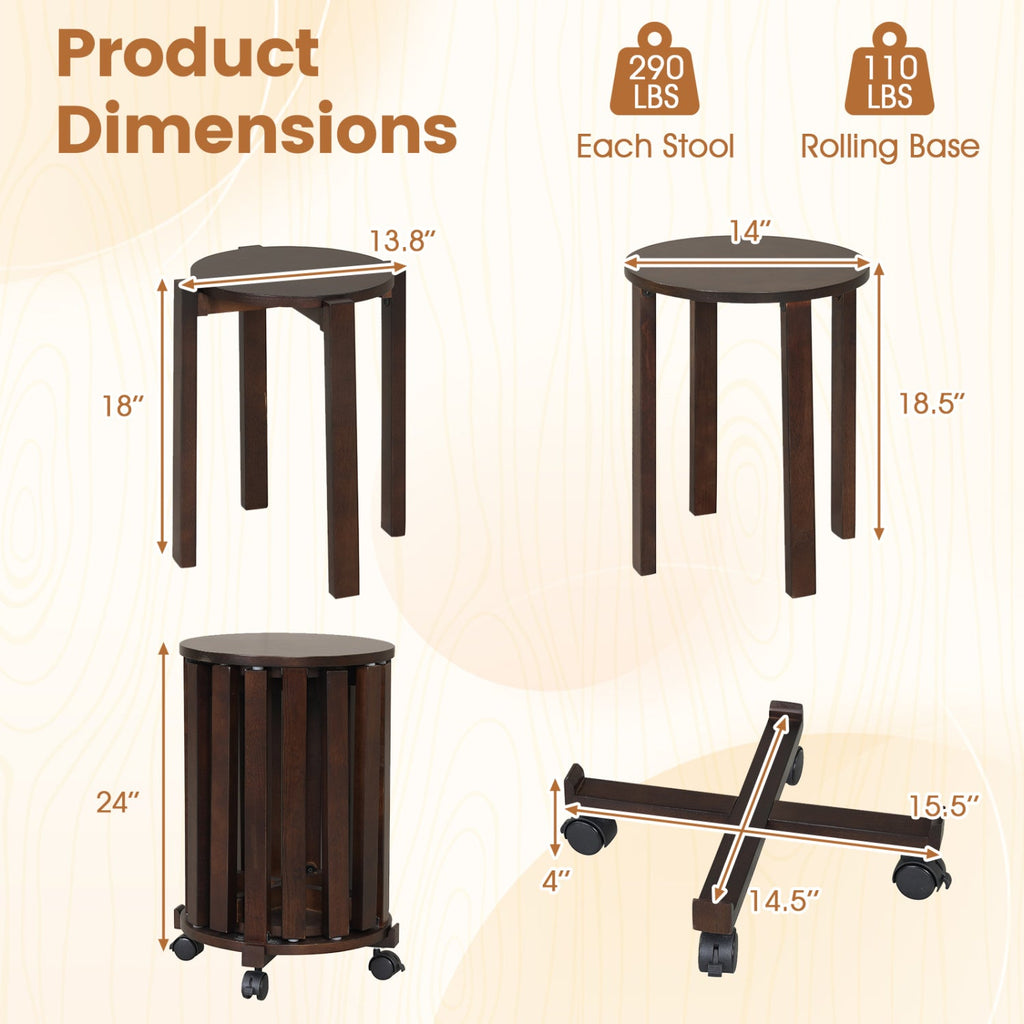 Round Portable Wood Nesting Stools with Locking Casters