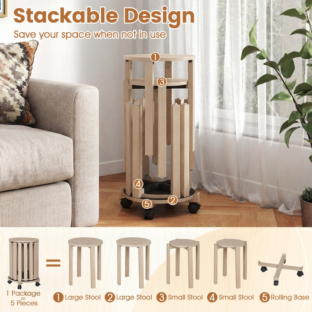 Round Portable Wood Nesting Stools with Locking Casters