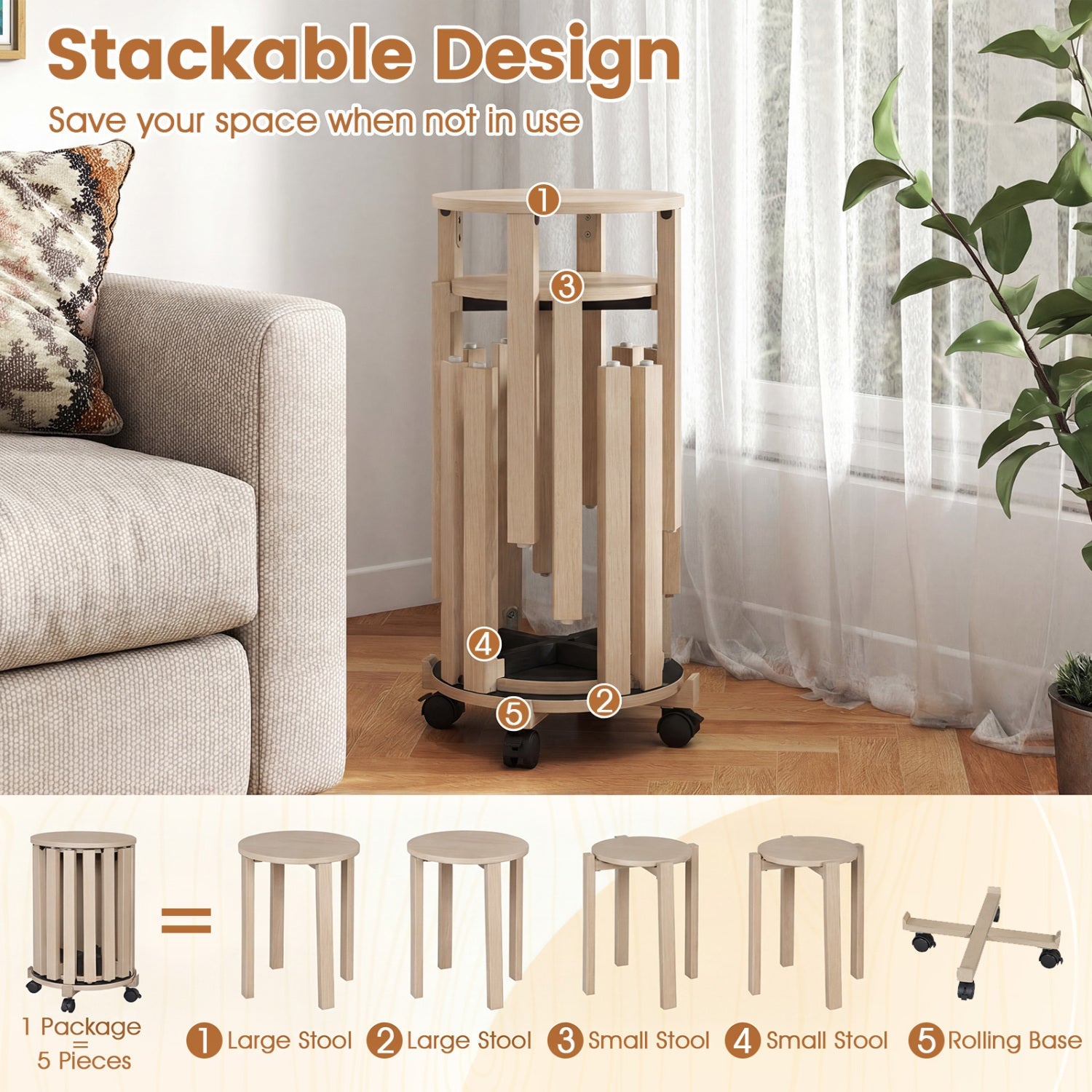 Round Portable Wood Nesting Stools with Locking Casters