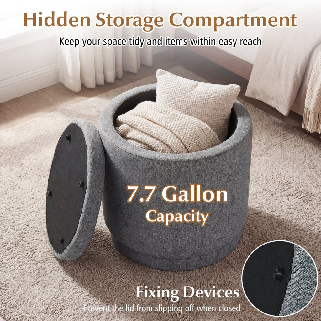 Round Storage Ottoman Foot Rest with Removable Lid and Acacia Wood Frame