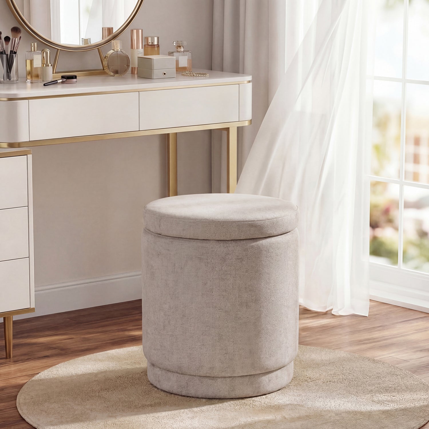 Round Storage Ottoman Foot Rest with Removable Lid and Acacia Wood Frame