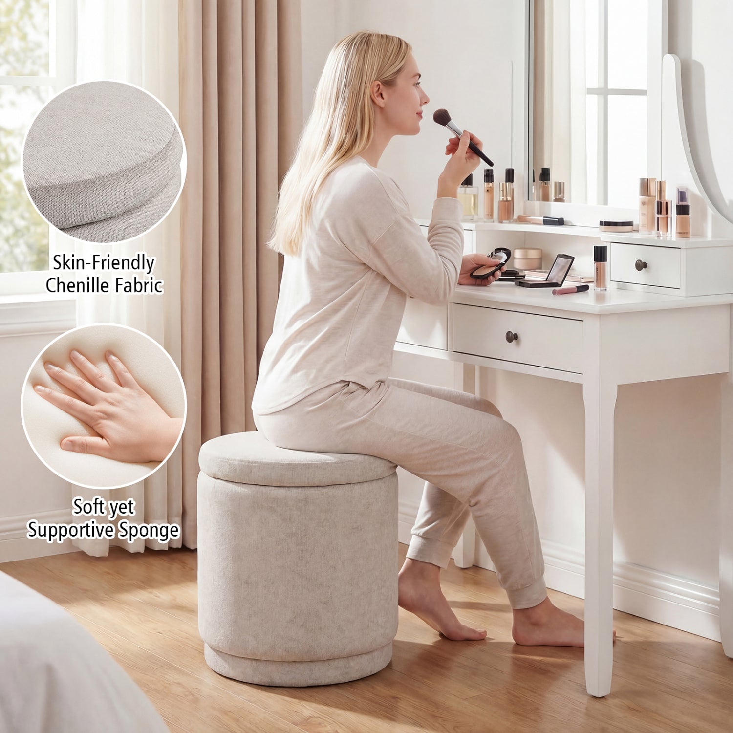 Round Storage Ottoman Foot Rest with Removable Lid and Acacia Wood Frame