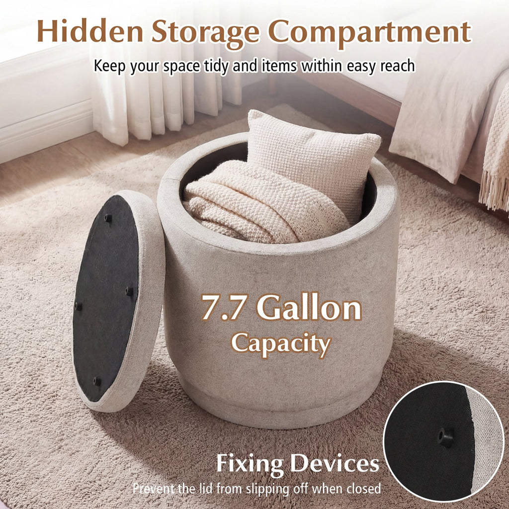 Round Storage Ottoman Foot Rest with Removable Lid and Acacia Wood Frame