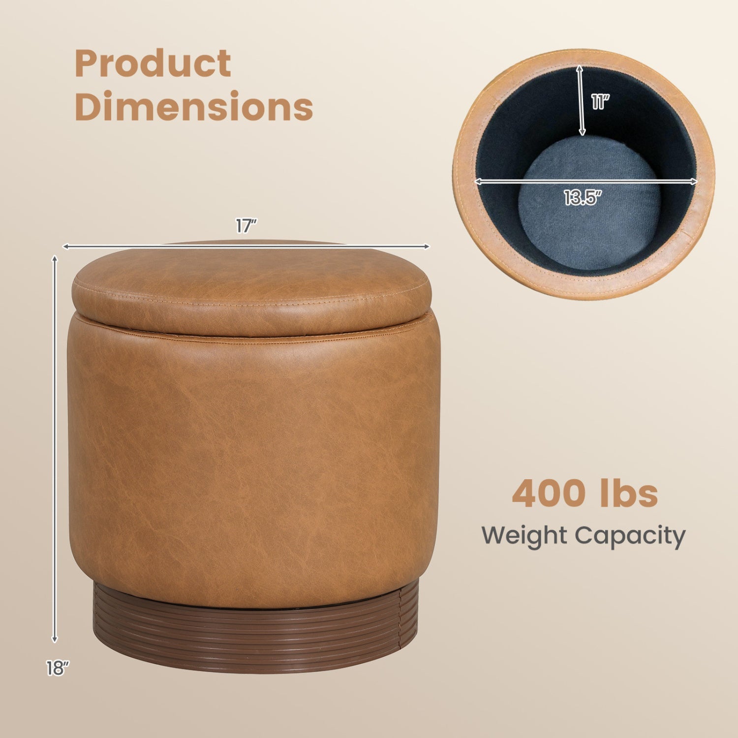 Round Storage Ottoman with Acacia Wood Frame for Living Room and Bedroom