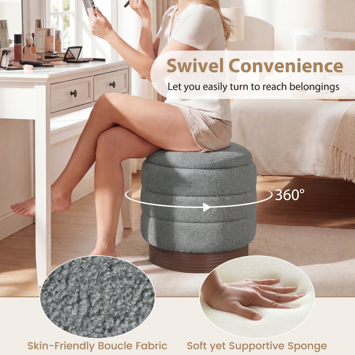 Round Storage Ottoman with Acacia Wood Frame for Living Room