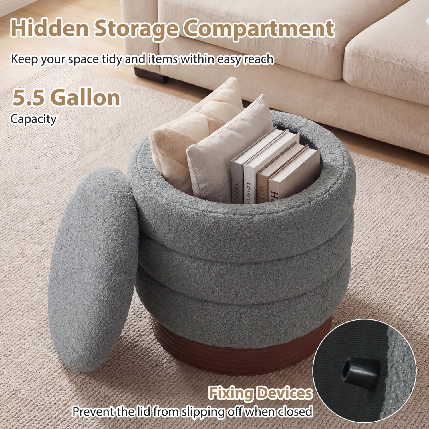 Round Storage Ottoman with Acacia Wood Frame for Living Room