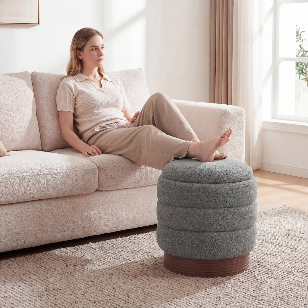 Round Storage Ottoman with Acacia Wood Frame for Living Room