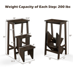 3-in-1 Rubber Wood 3 Tier Folding Step Stool Ladder Storage Shelf-Brown
