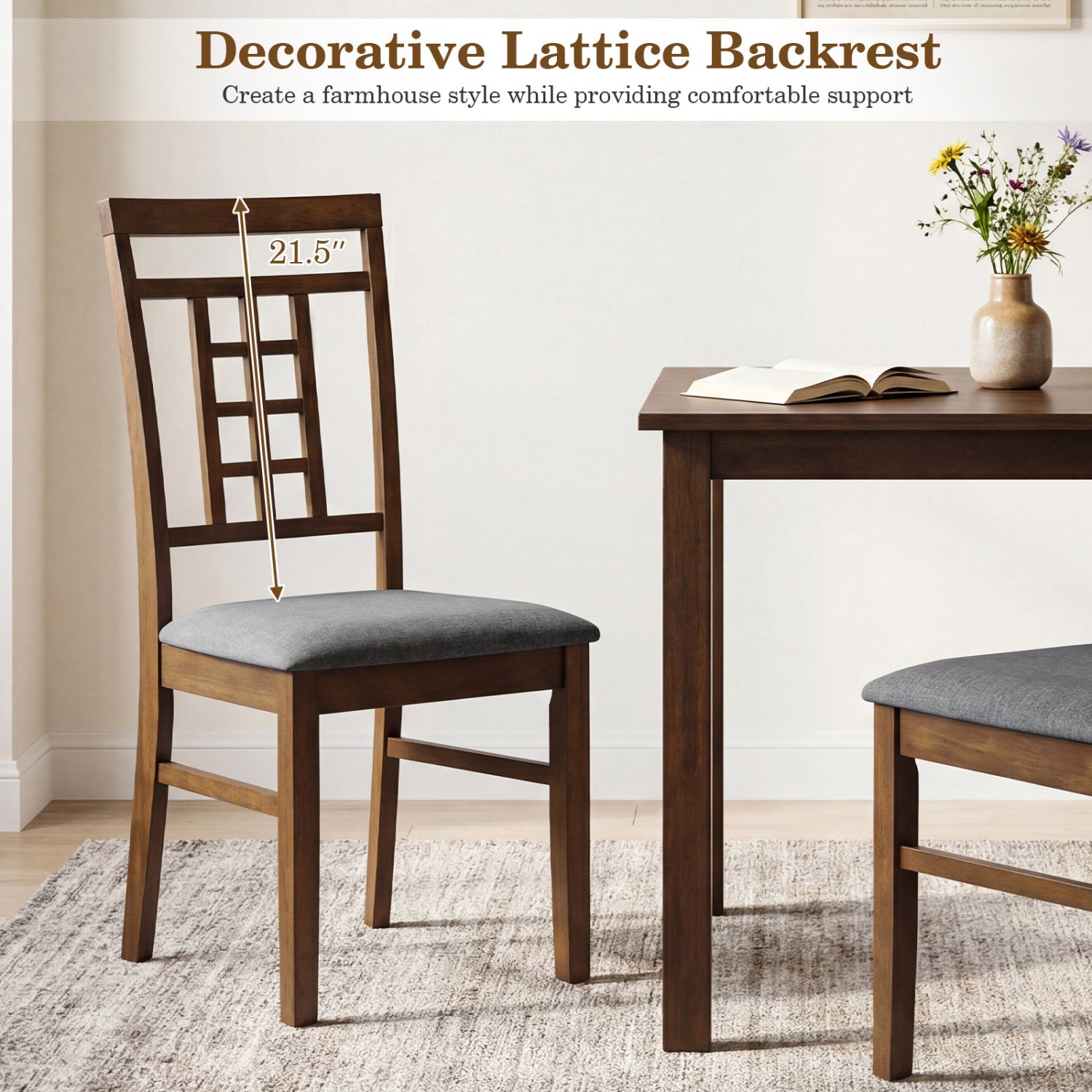 Rubber Wood Dining Chairs Set of 2 with Lattice Back