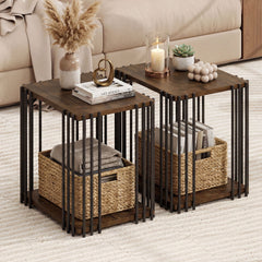 Rubber Wood Side Table Set of 2 with 2-Layer Storage Shelves and Metal Frame-Walnut