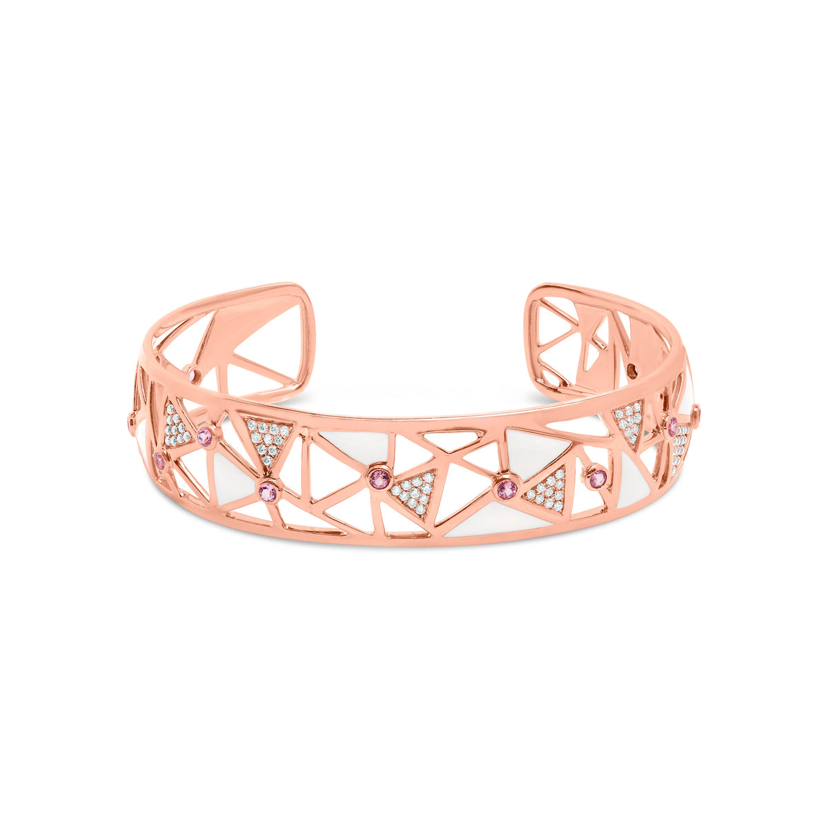 14K Rose Gold 5/8 Cttw Diamond with Pink Tourmaline Open Cuff Bangle with White Enamel (G-H Color, SI1-SI2 Clarity) - 7"
