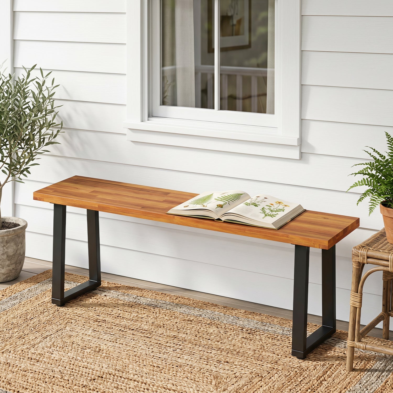 47.5" Acacia Wood Patio Bench with Metal Legs