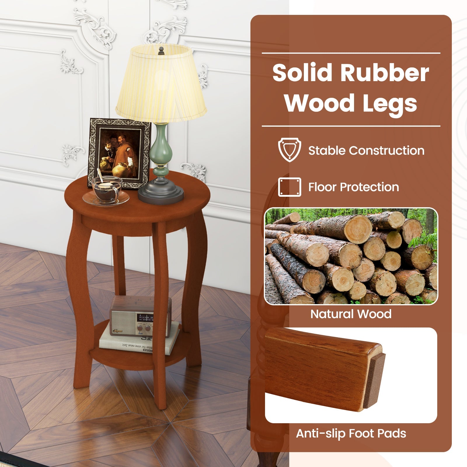 Set of 2 15 Inch 2-Tier Round End Table with Storage Shelf-Walnut