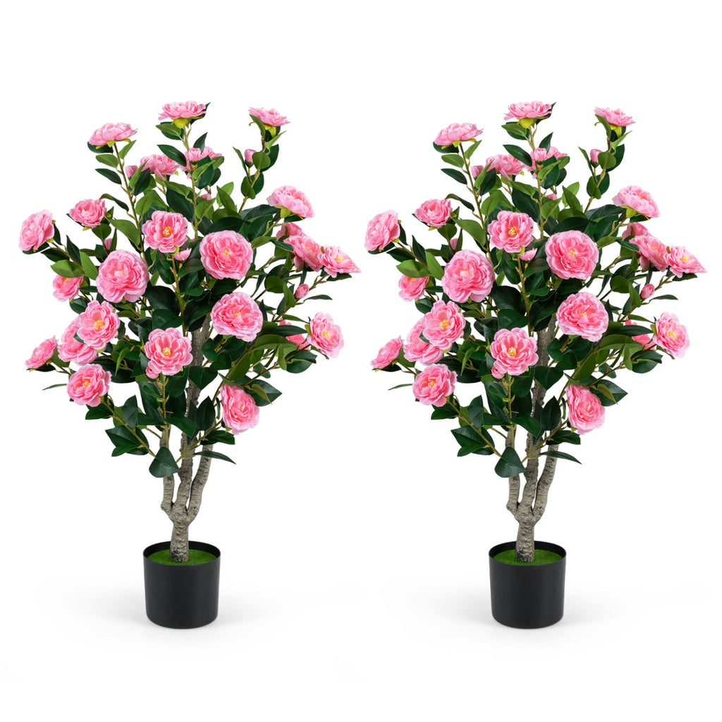 Artificial Camellia Tree 39.5" with Cement Pot - Set of 2