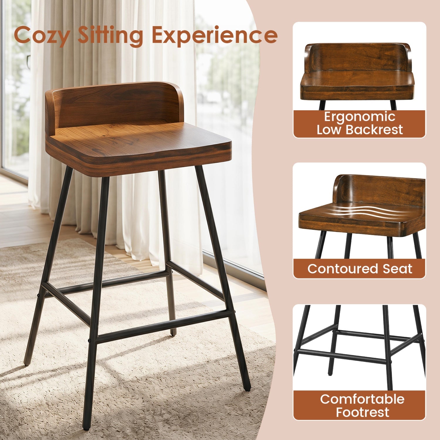 Counter Height Bar Stool Set with Low Back and Footrest