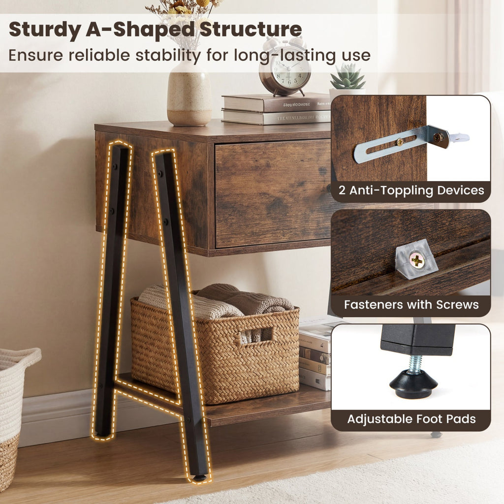 Industrial Nightstand Set of 2 with Drawer and Shelf