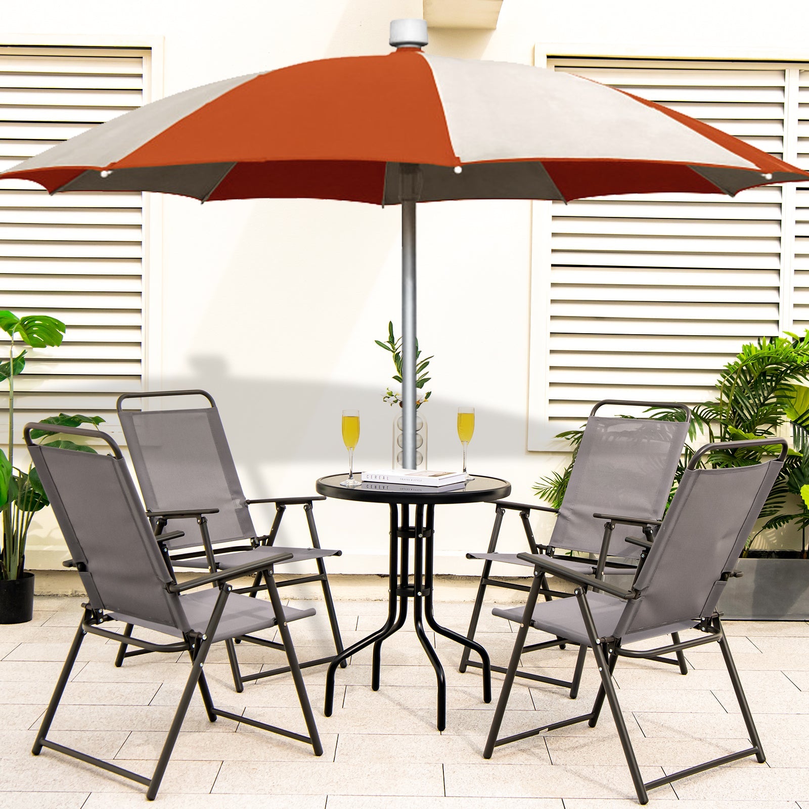 Set of 2 Outdoor Folding Sling Chairs with Armrest and Backrest-Gray