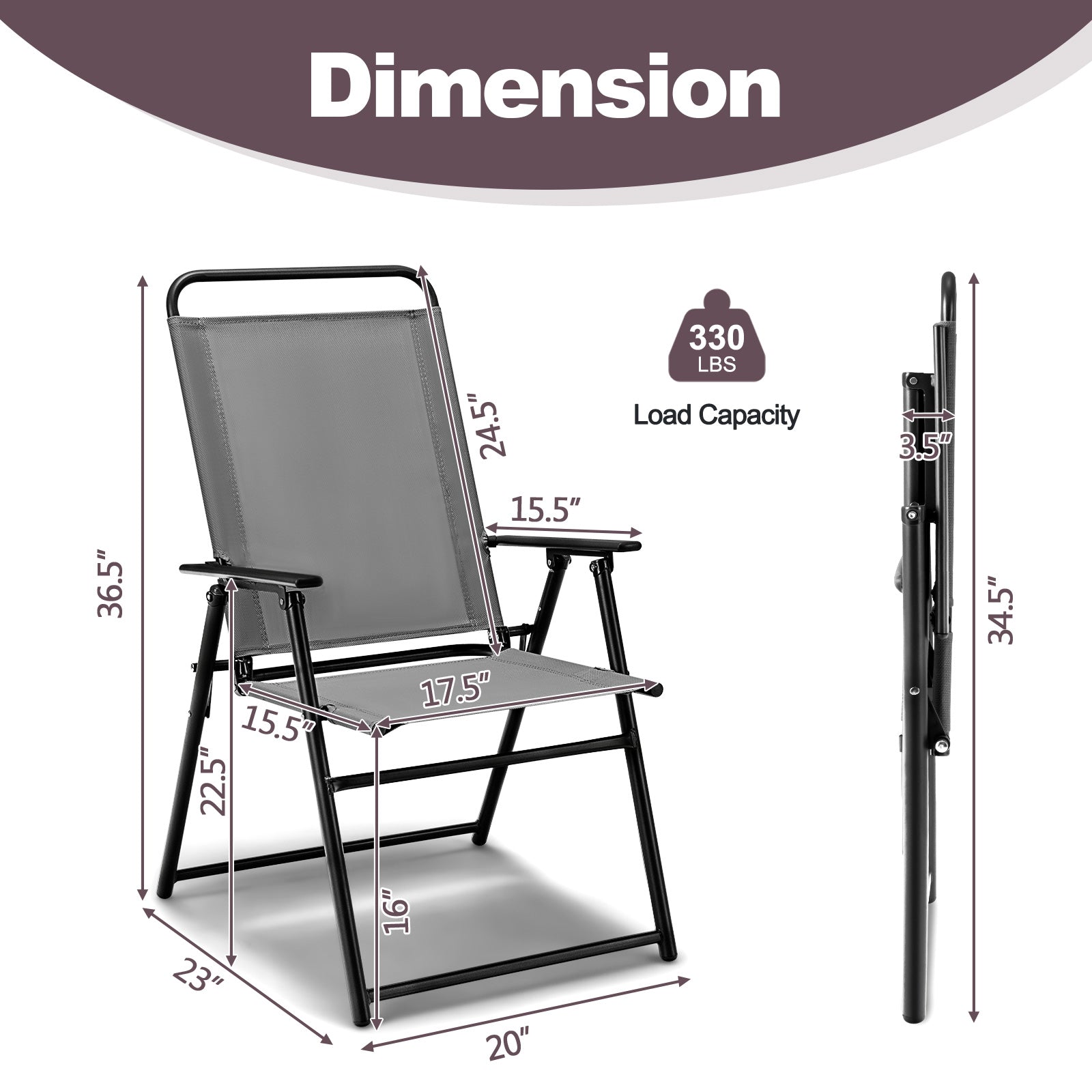 Set of 2 Outdoor Folding Sling Chairs with Armrest and Backrest-Gray