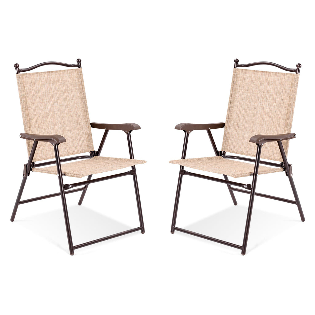 Set of 2 Patio Folding Sling Back Camping Deck Chairs-Beige
