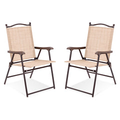 Set of 2 Patio Folding Sling Back Camping Deck Chairs-Beige