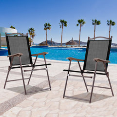 Set of 2 Patio Folding Sling Back Camping Deck Chairs-Black