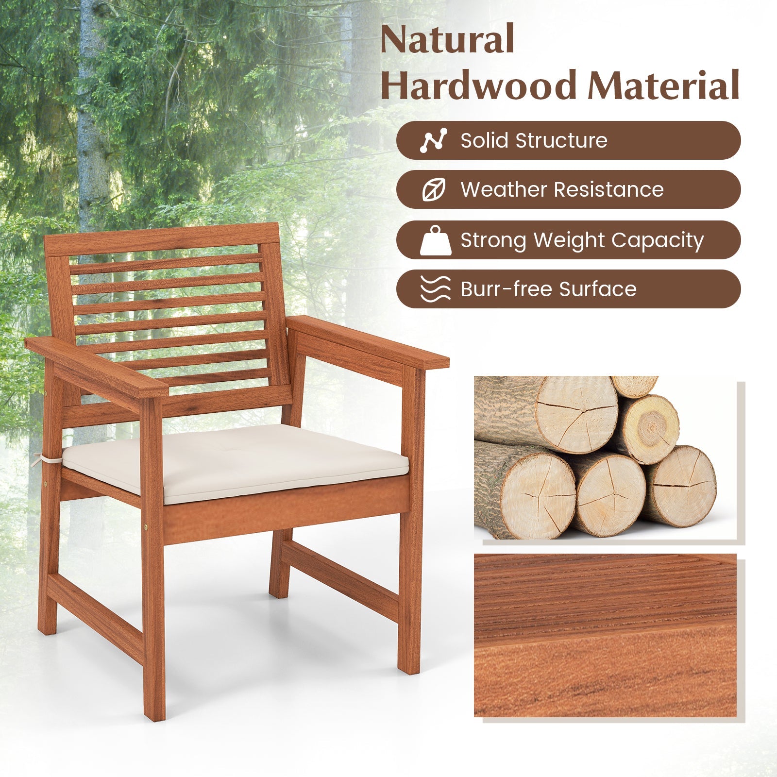 Set of 2 Patio Solid Wood Dining Chairs with Cushions and Slatted Seat