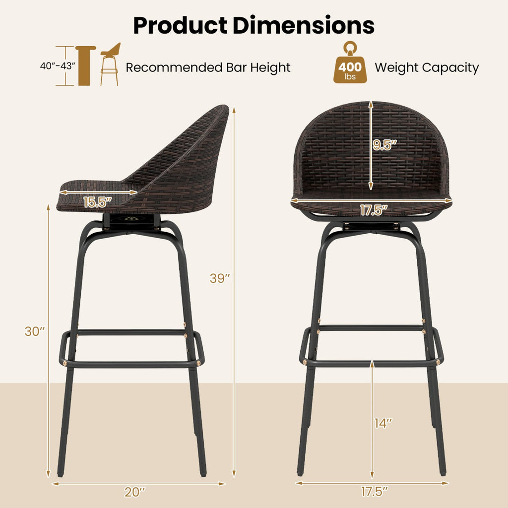 Swivel Patio Bar Stools Set of 2 with Rattan Seat 400 LBS