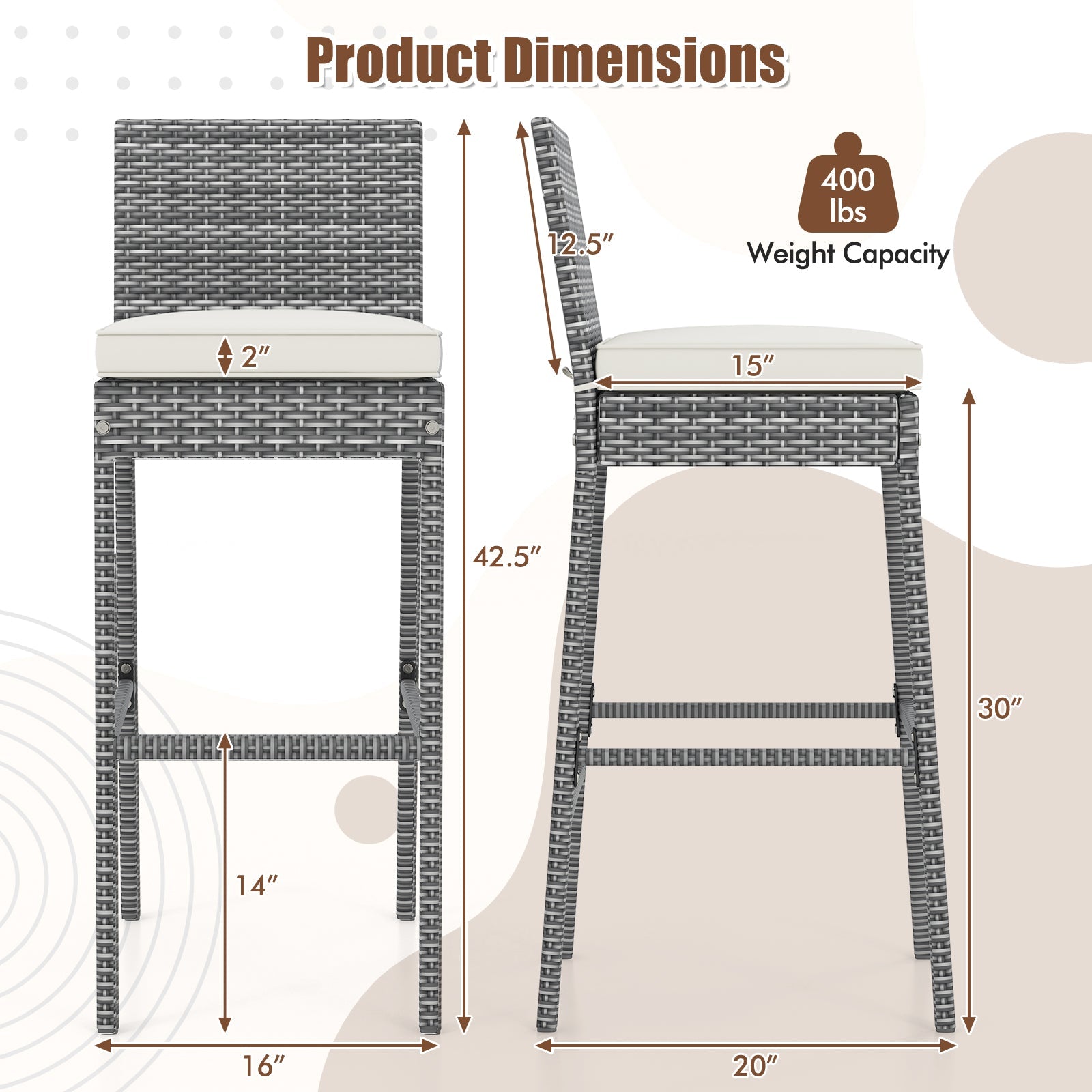 Set of 2/4 Patio Wicker Barstools with Soft Seat Cushion and Cozy Footrest-Set of 2