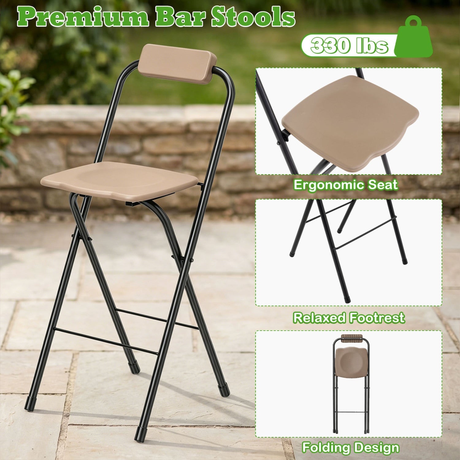 Portable Bar Height Stools Set of 2 with Footrest - Folding