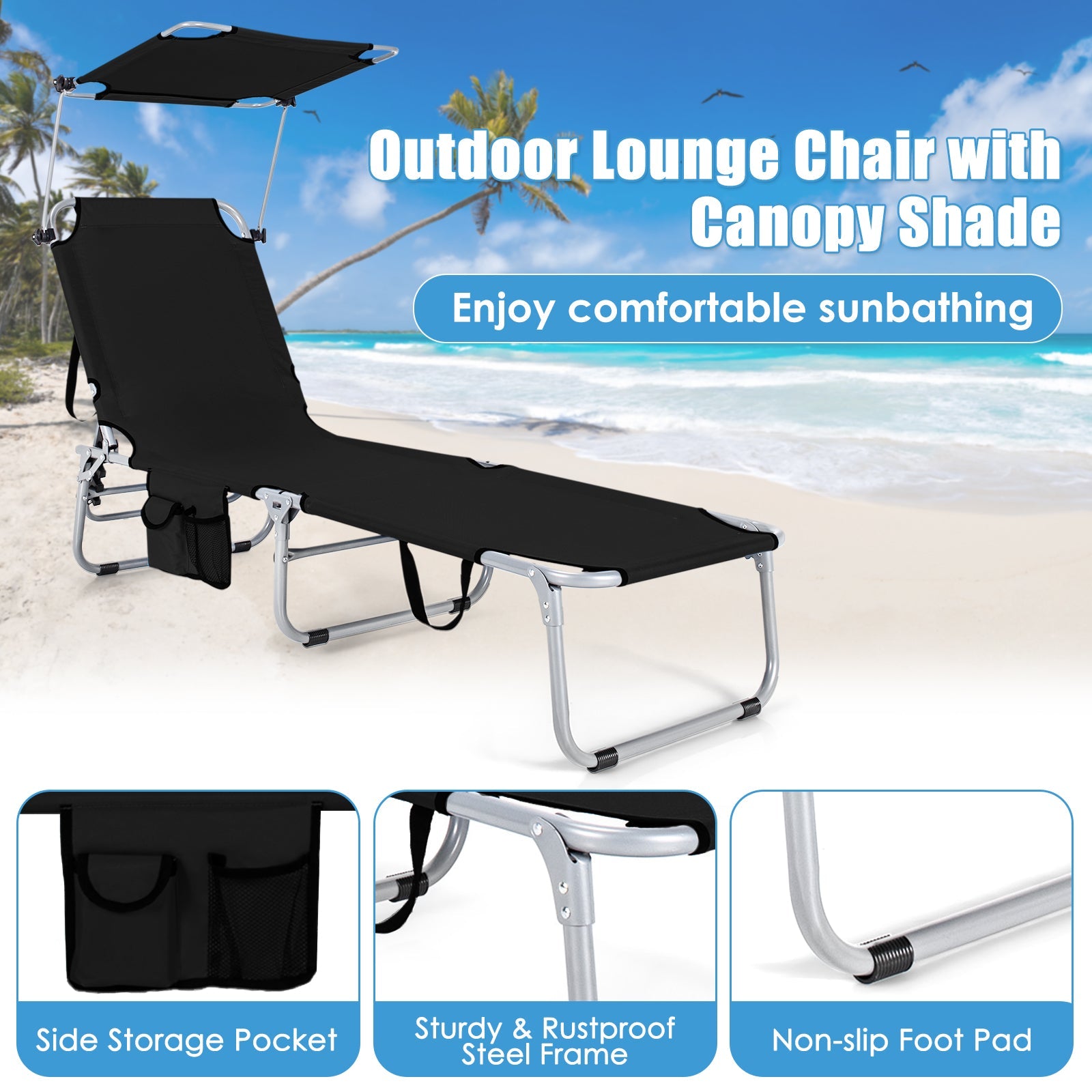 Set of 2 Portable Reclining Chair with 5 Adjustable Positions-Black