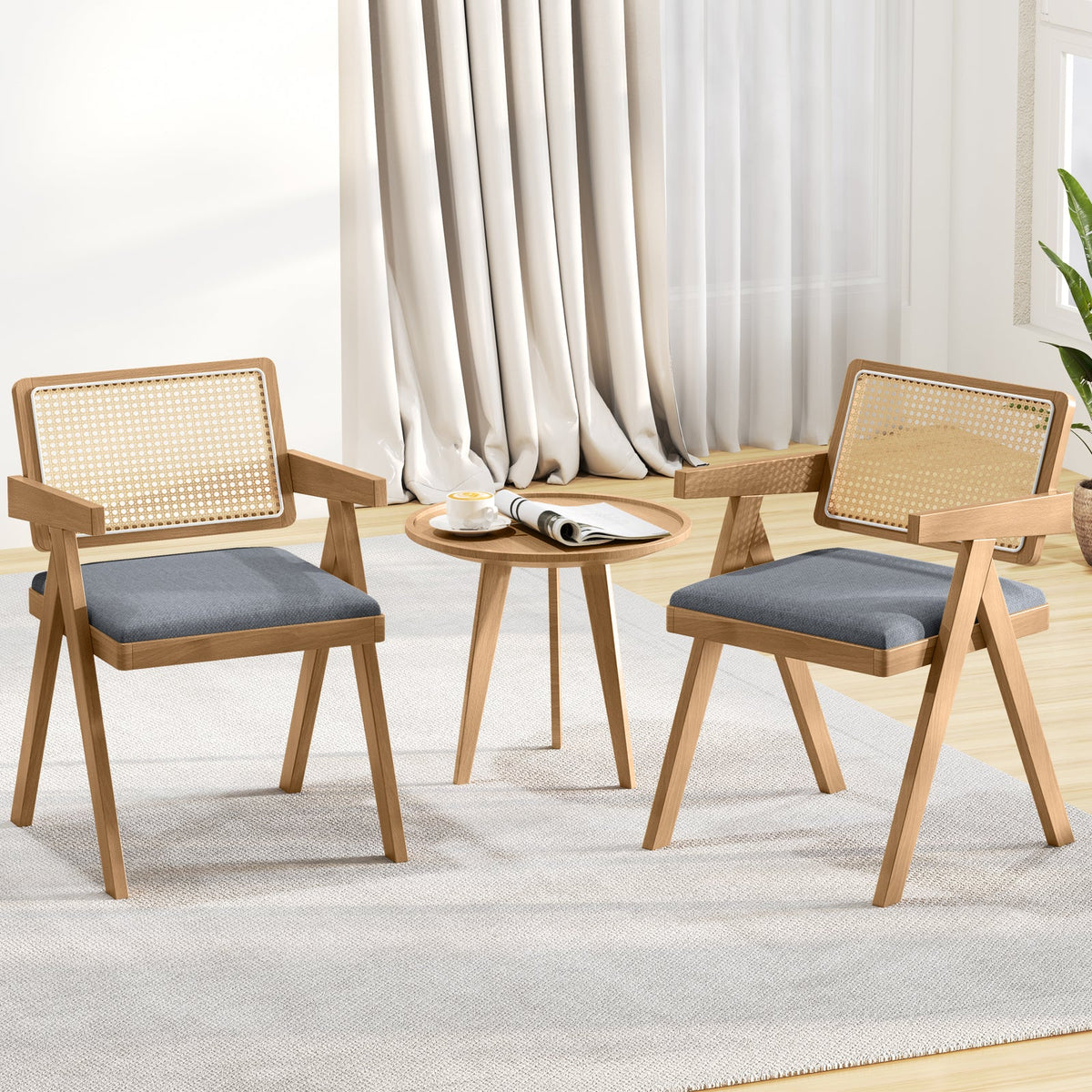 Set of 2 Rattan Accent Chairs with Padded Cushion and Rubber Wood Frame-Gray