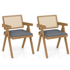 Set of 2 Rattan Accent Chairs with Padded Cushion and Rubber Wood Frame-Gray