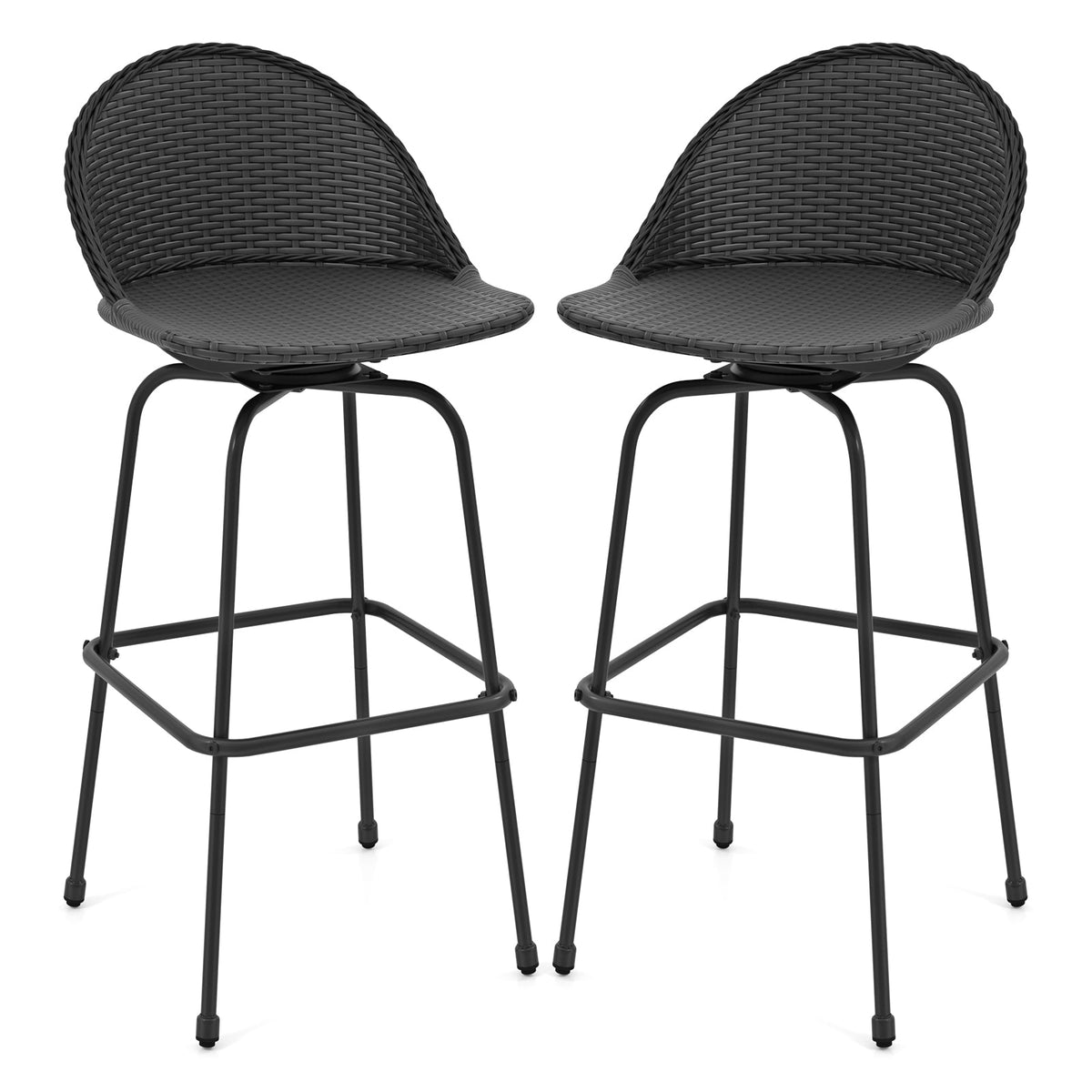 Set of 2 Rattan Swivel Barstools with Curved Back-Black