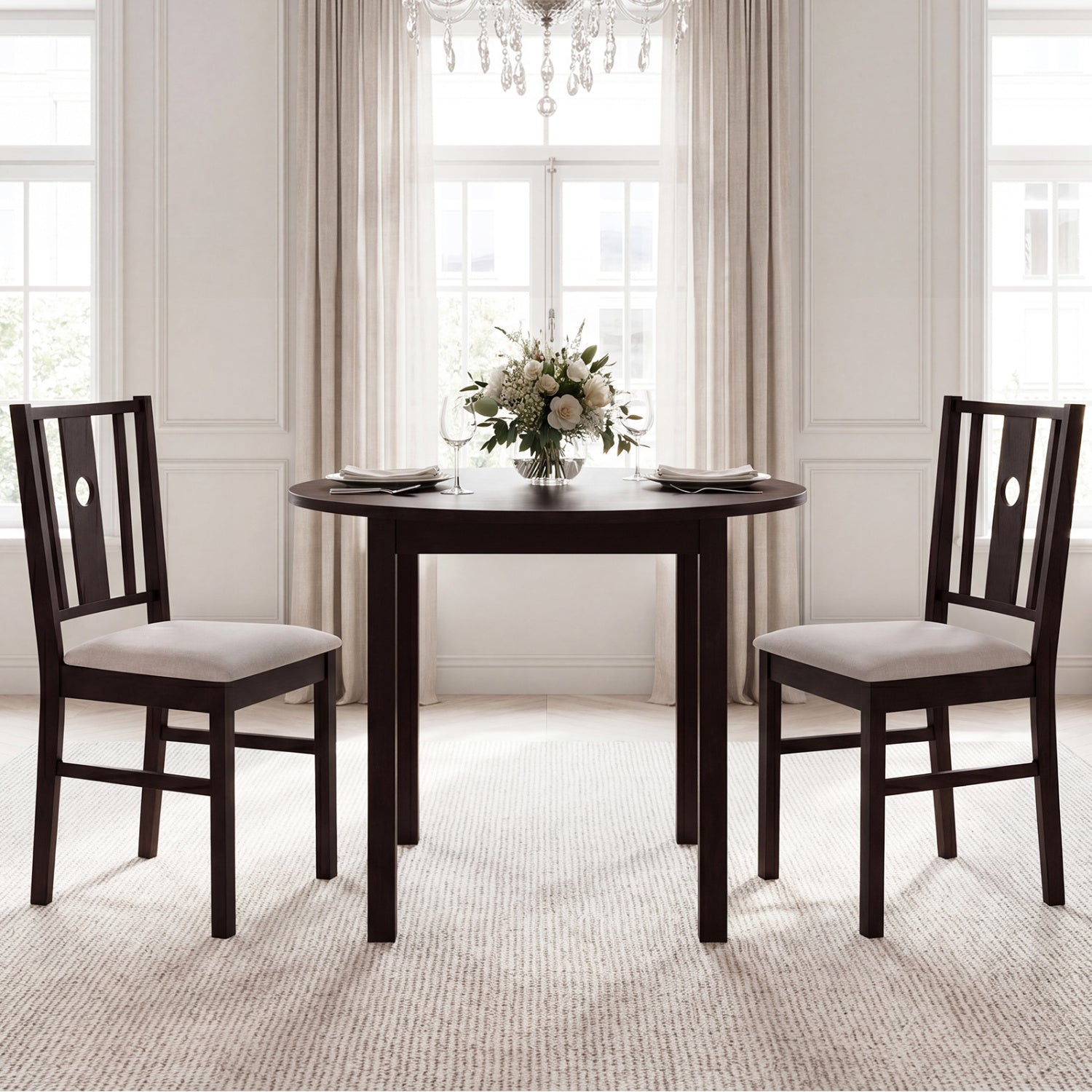 Rubber Wood Dining Chairs with Padded Fabric Seat, Set of 2