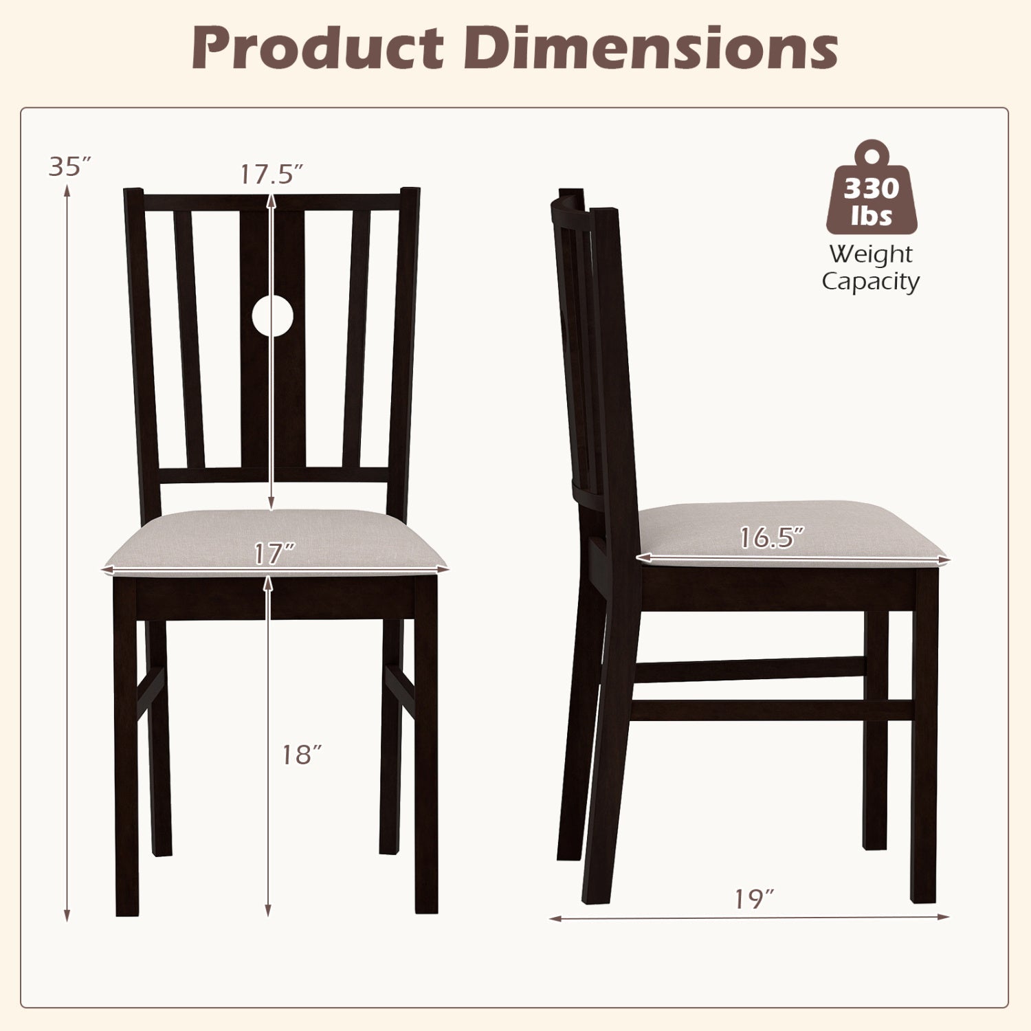 Rubber Wood Dining Chairs with Padded Fabric Seat, Set of 2