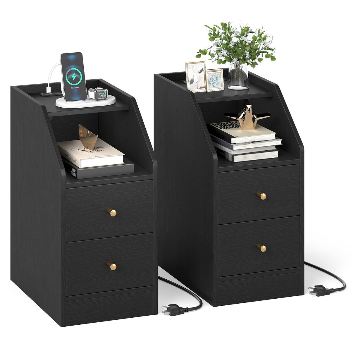 Set of 2 Side End Tables with Charging Station Sofa Couch Tables with Shelf Drawers