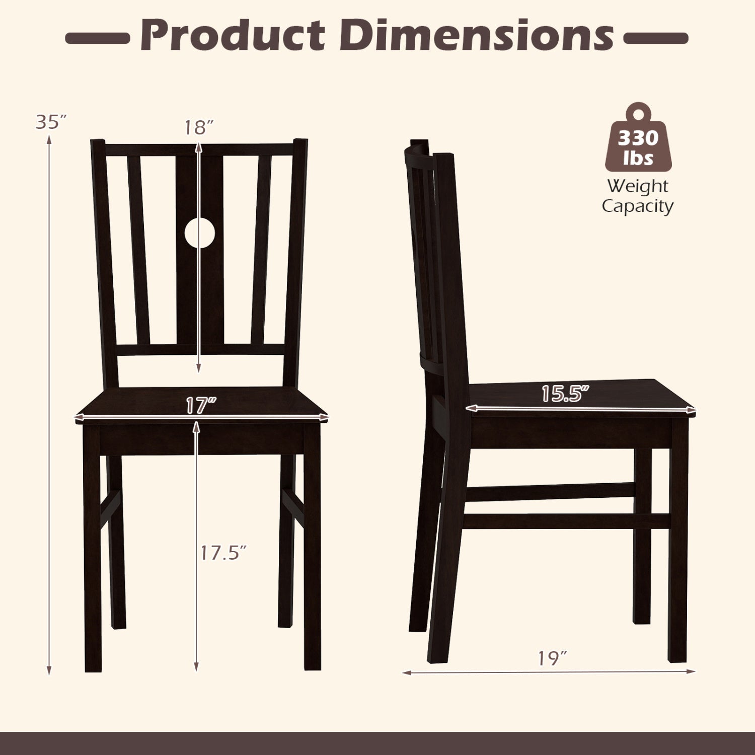 Solid Rubber Wood Dining Chairs Set of 2 with Slatted Back