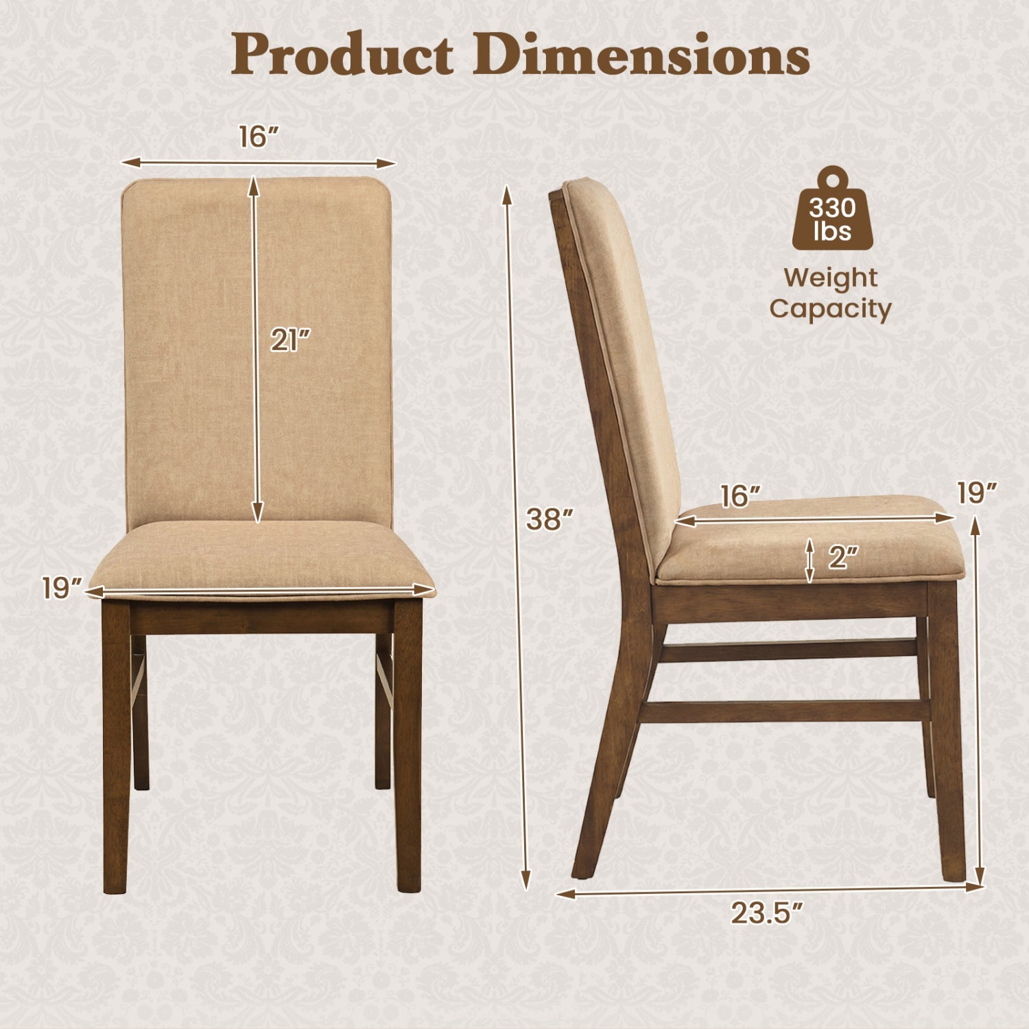 Set of 2 Upholstered Dining Chairs with Solid Rubber Wood Legs