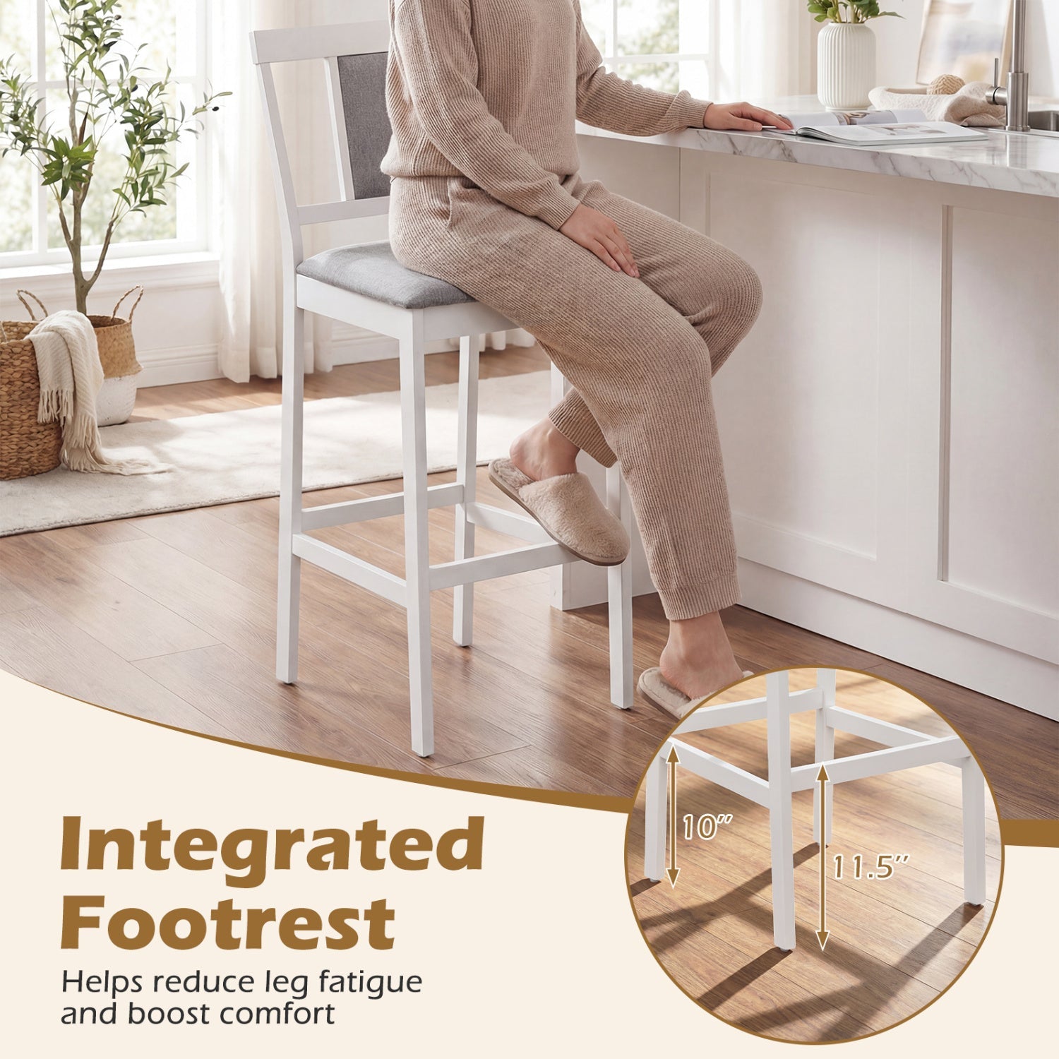 Set of 2 Upholstered Barstool 29.5 Inch Bar Height with Solid Rubber Wood Frame