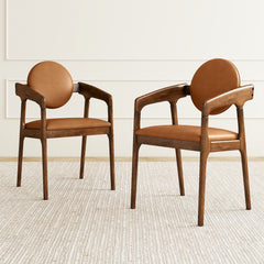 Set of 2 Wooden Dining Chair PU Leather Upholstered Armchairs-Brown