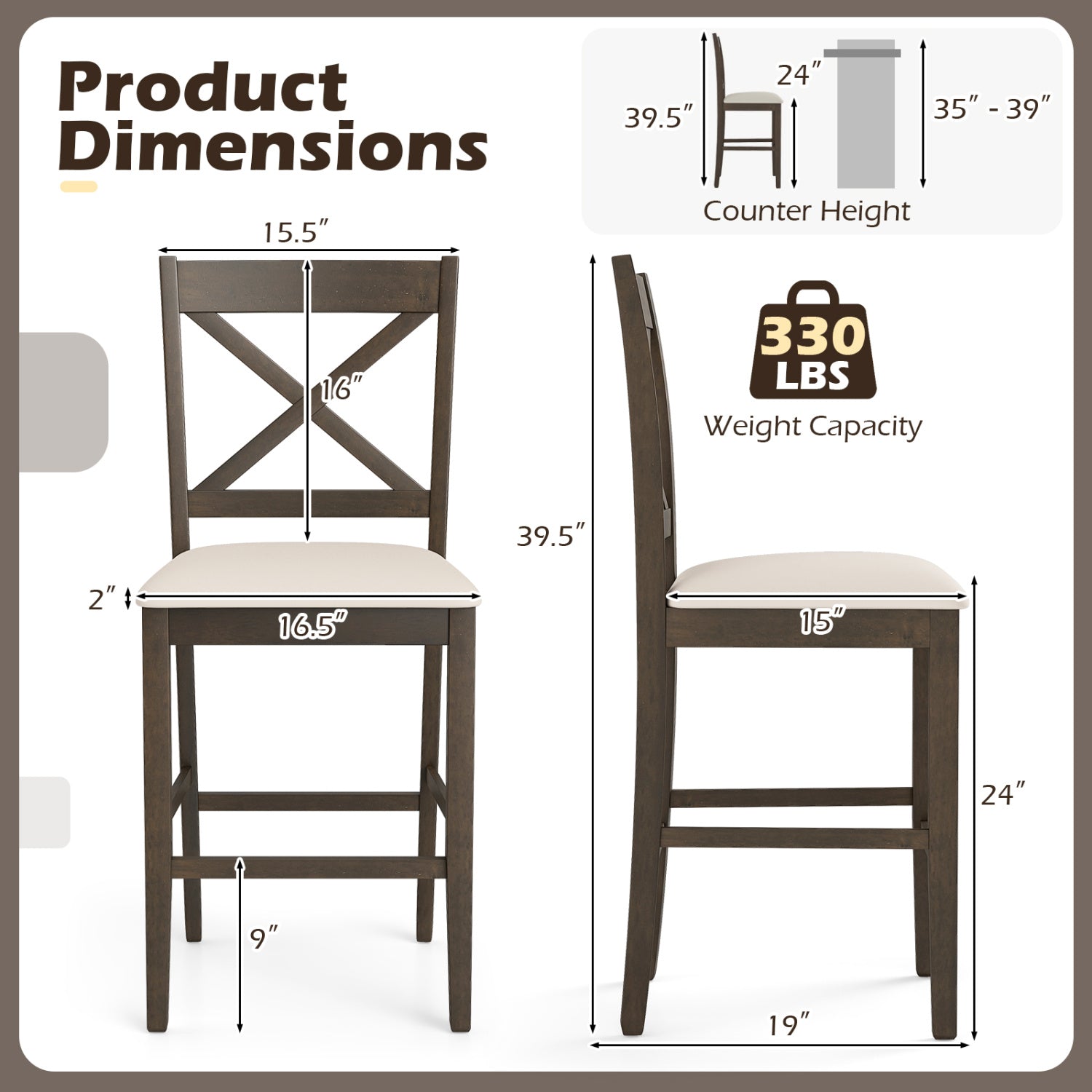 Set of 2 X-Back Bar Stools with Upholstered Cushioned Seats
