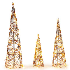 Set of 3 Lighted Rattan Cone Trees with LED Lights and Metal Frame