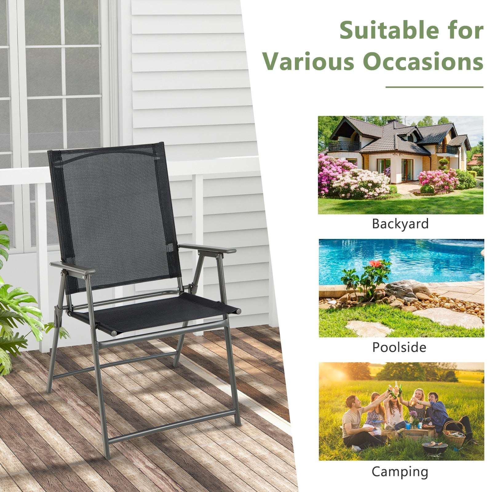 Set of 4 Patio Folding Chair Set with Rustproof Metal Frame-Black
