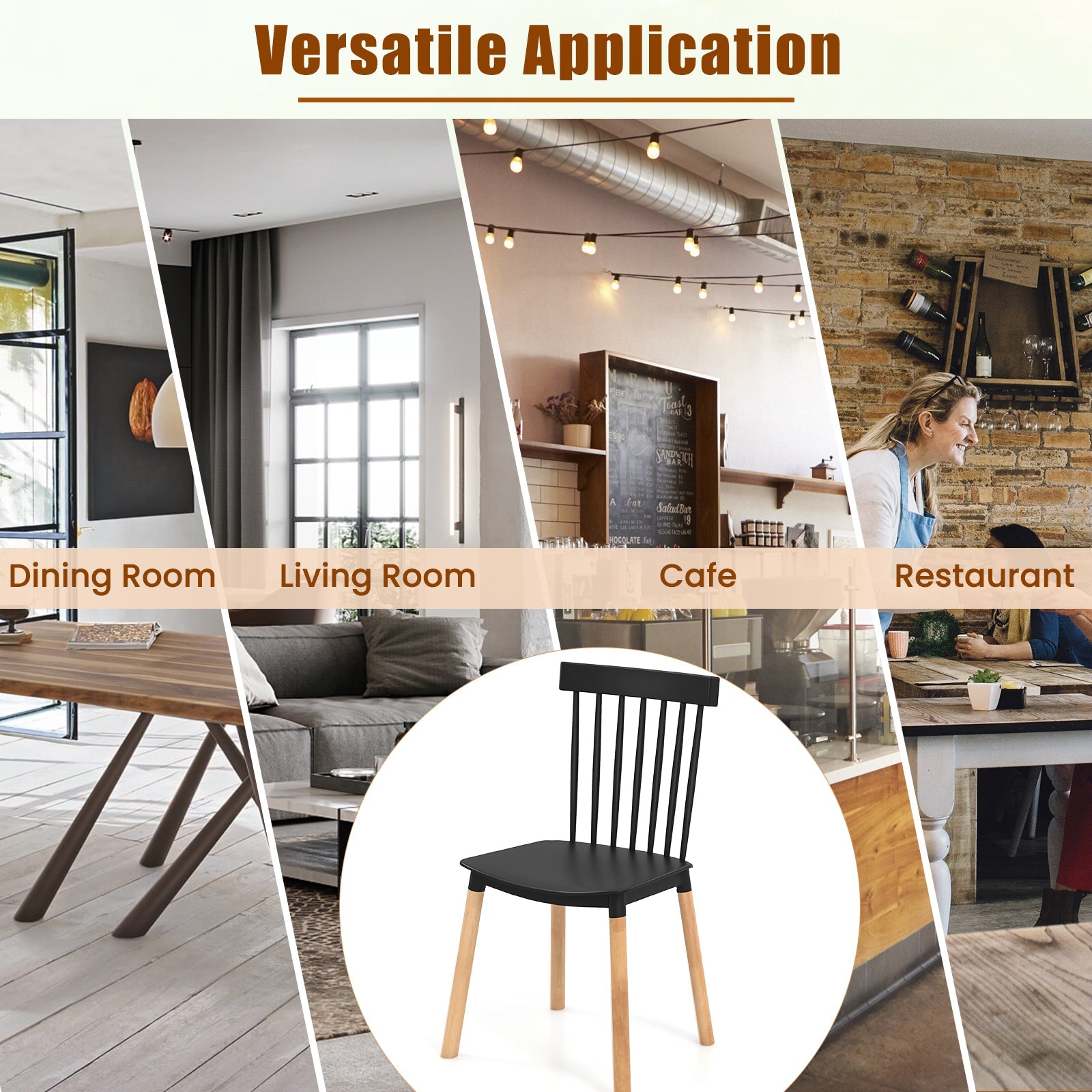 Set of 4 Windsor Dining Chairs with Spindle Backs and Curved Seats-Black