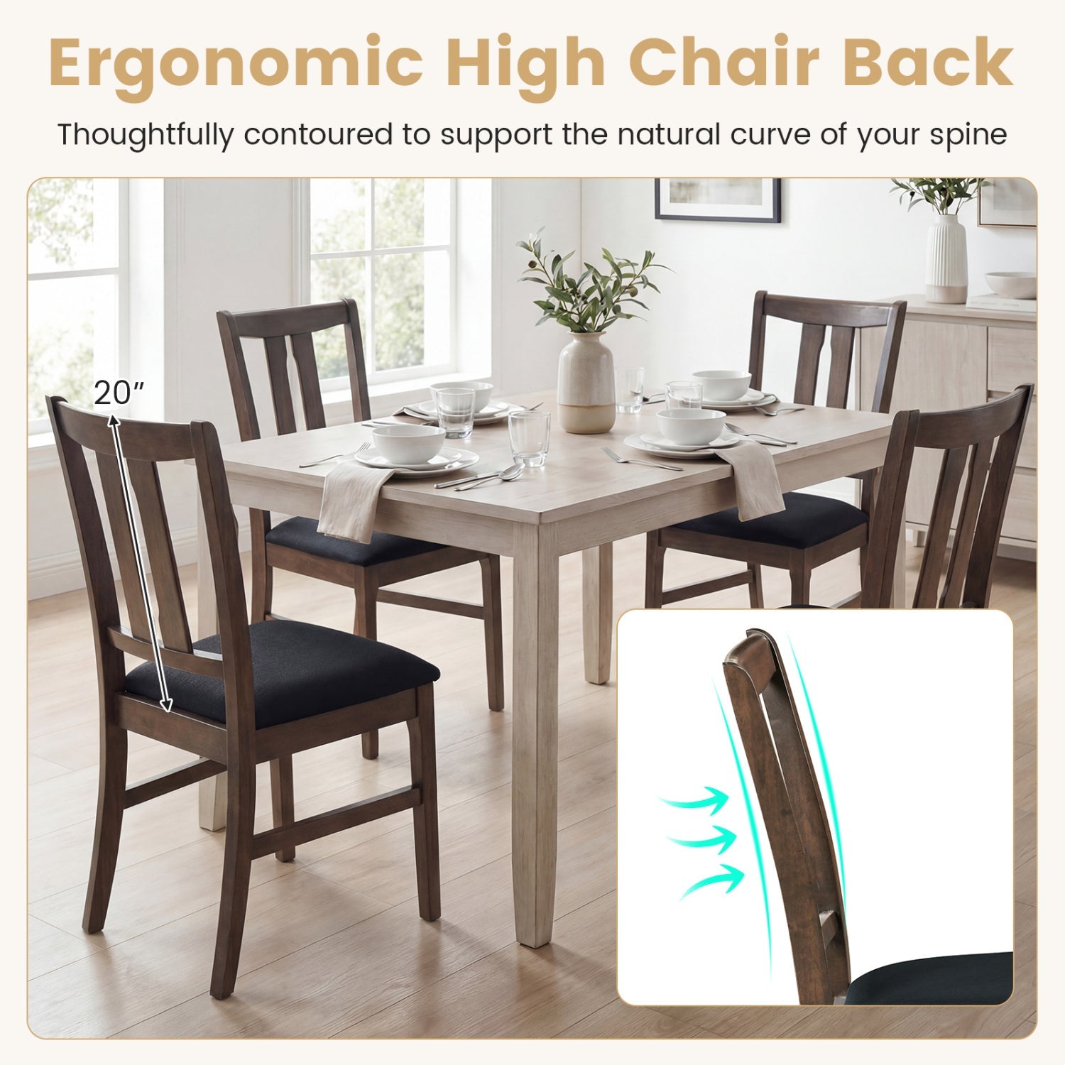 Set of 4 Wooden Upholstered Dining Chairs with High Curved Back