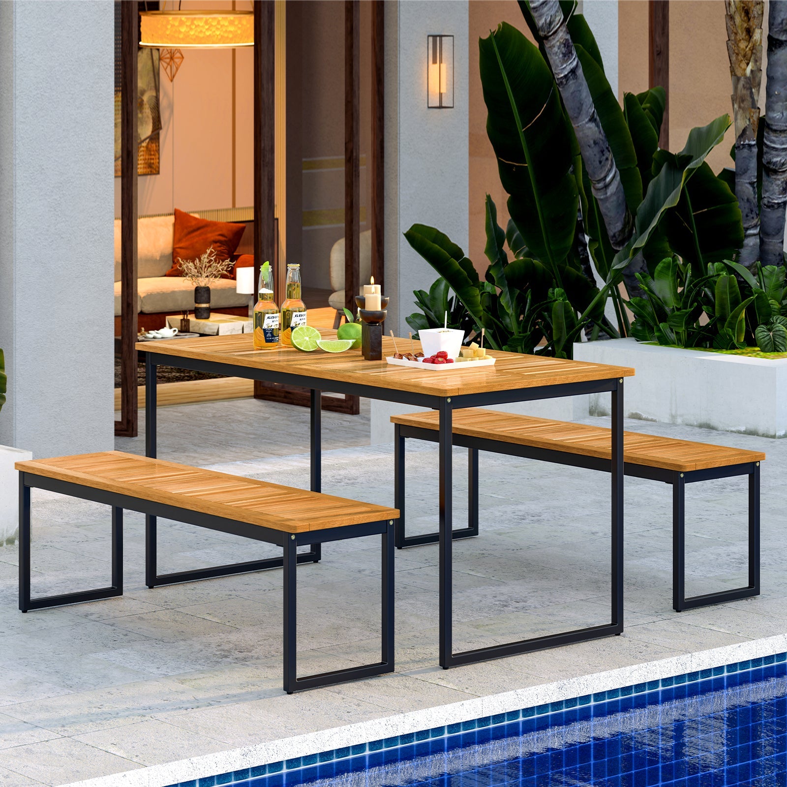 Set of 2 Patio Dining Bench for 2-3 Person Indoor Outdoor