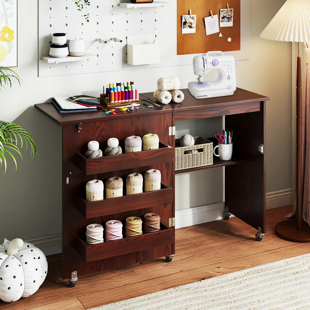 Folding Sewing Table with Charging Station and Casters